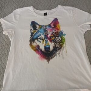 Vintage Gildan White Tee with Colorful Wolf and Gear Design